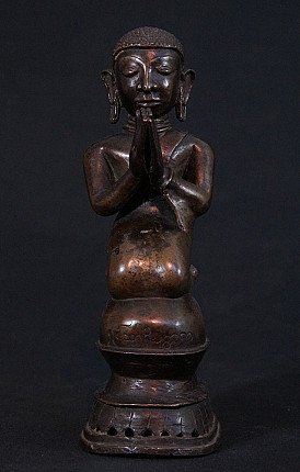 Burmese bronze monk statue, full front view with hands in Namaskara mudra