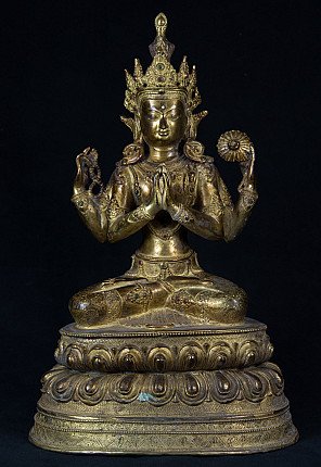 Avalokiteshvara-Statue aus Nepal in Bronze, sitzend mit Namaskara-Mudra, Frontalansicht