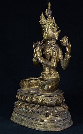 Nepalesische Avalokiteshvara-Statue aus Bronze mit gefalteten Händen, Dreiviertelansicht links