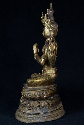 Avalokiteshvara-Statue aus Nepal in Bronze, sitzend im Seitenprofil mit gefalteten Händen
