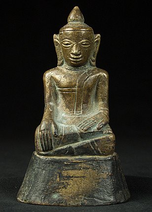 Bronzen Shan Boeddhabeeld uit Birma, zittend met bhumisparsha mudra, vooraanzicht