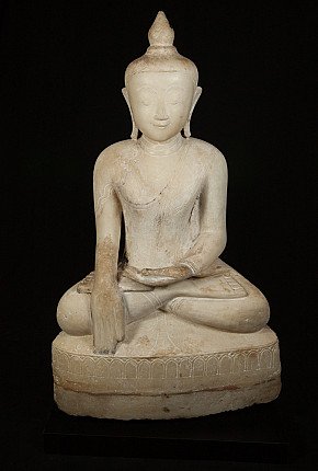 Burmese Ava Buddha statue in marble, seated in bhumisparsha mudra, full front view
