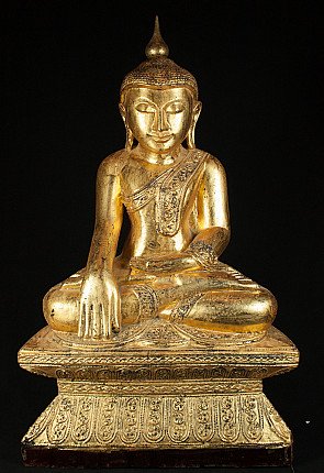 Verguld teakhouten Boeddhabeeld uit Myanmar, zittend in bhumisparsha-mudra, vooraanzicht