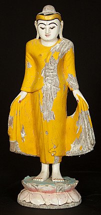 Stehende Buddha-Statue aus Holz aus Burma, Frontalansicht, gelbes Gewand mit Abrieb