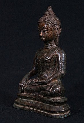 Bronze Buddha statue from Thailand, three-quarter right view showing face and base