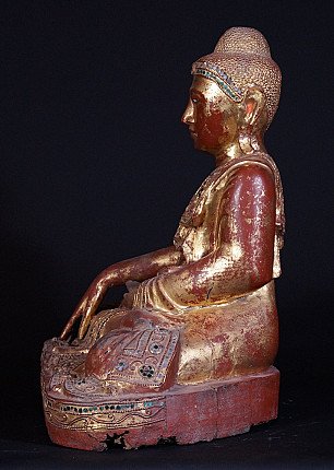 Burmese Mandalay Buddha statue from Burma (Myanmar), wood, left side profile