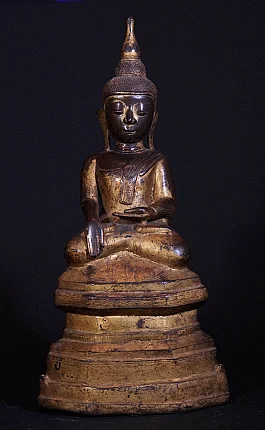 Burmesische Buddha-Statue aus Bronze, sitzend in Bhumisparsha-Mudra, Frontalansicht