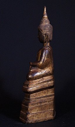 Sitzende Buddha-Statue aus Bronze im Seitenprofil, Ava-Stil, mit gestuftem Sockel