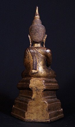 Burmesische Bronze-Buddha-Statue in Rückansicht, Rücken mit Gewandschärpe