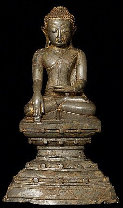 Burmese bronze Buddha statue in Shan style, full front view on tiered base, bhumisparsha mudra