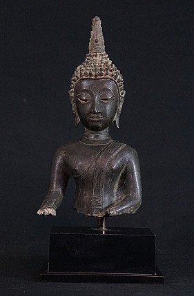 Thai bronze Buddha head statue on bust, full front view on black pedestal