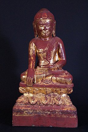 Wooden Shan Buddha statue from Burma, seated on a lotus base, full front view with bhumisparsha mudra