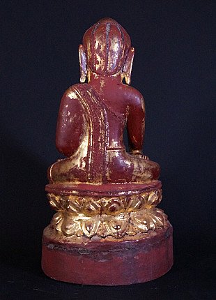 Seated Shan Buddha statue from Myanmar, rear view showing the painted back and lotus pedestal