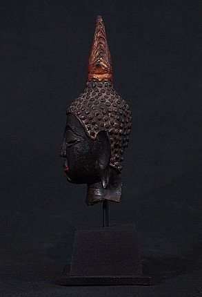 Thai bronze Buddha head in left side profile, showing curled hair texture and nose line