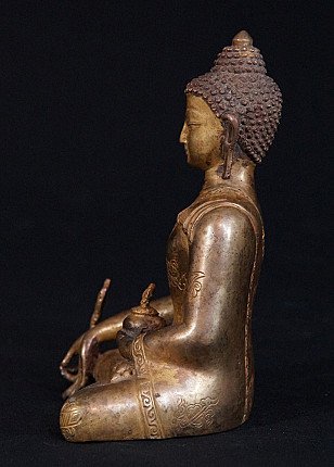 Nepalische Medizin-Buddha-Statue, linke Seitenansicht mit Arm, Ohr und Schale im Schoß