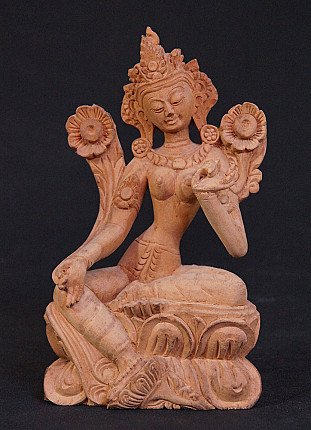 Wooden Tara statue from Burma (Myanmar), seated on lotus base, full front view