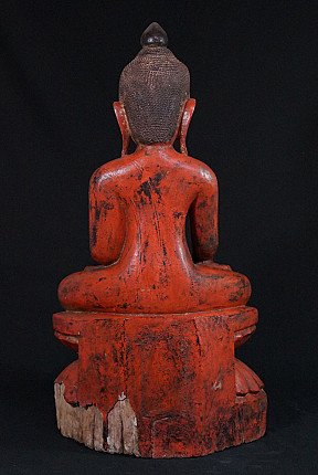 Ava Buddha statue from Burma in wood, rear view showing back and base