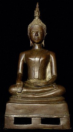 Buddha statue from Myanmar in bronze, seated in bhumisparsha mudra, full front view