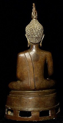 Myanmar bronze Buddha statue, seated, rear view showing curled hair and robe strap down the back