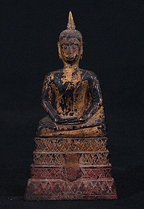 Thailändische Holz-Buddha-Statue in Dhyana-Mudra, Frontalansicht mit abgeriebener Vergoldung