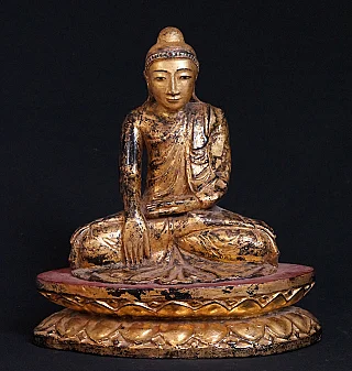 Holz-Buddha-Statue aus Burma (Myanmar), sitzend, Vorderansicht mit Bhumisparsha-Mudra