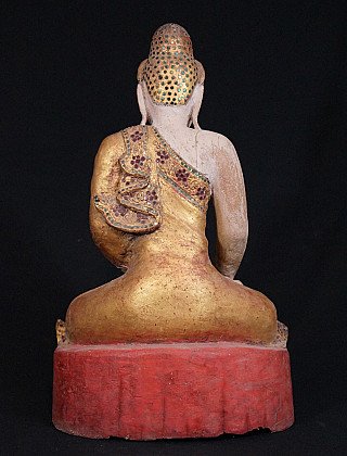Burmesische Holz-Buddha-Statue, Rückansicht mit vergoldetem Gewand und rotem Sockel