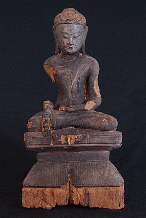 Wooden Shan Buddha statue from Myanmar, seated in bhumisparsha mudra, full front view