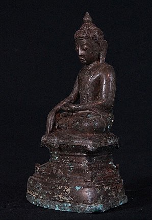 Bronze Ava Buddha statue from Myanmar, seated three-quarter left view