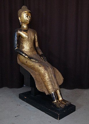 Thailändische Buddha-Statue aus Bronze, sitzend, Dreiviertelansicht von links
