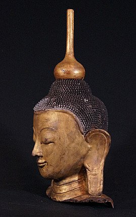 Shan-stijl Boeddhahoofd uit Birma (Myanmar) in lakwerk, linker zijaanzicht met oor en lange ushnisha