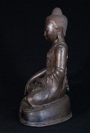 Bronze-Buddha-Statue aus Myanmar, sitzend, linke Seitenansicht