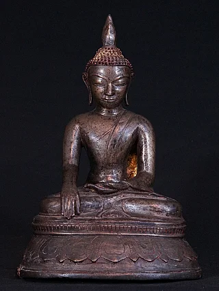 Toungoo-Buddha-Statue aus Burma (Myanmar) in Bronze, sitzend in Bhumisparsha-Mudra, Frontalansicht