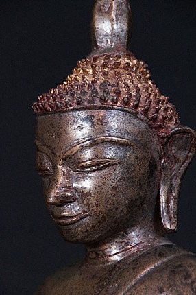 Angled right face detail of the bronze Buddha statue, showing ear and hairline
