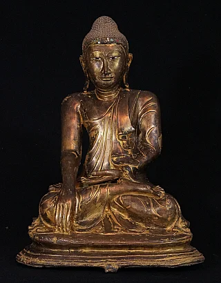 Mandalay bronze Buddha statue from Burma, seated in bhumisparsha mudra, full-front view