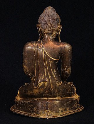 Mandalay bronze Buddha statue from Burma, rear view showing robe drape and back of head