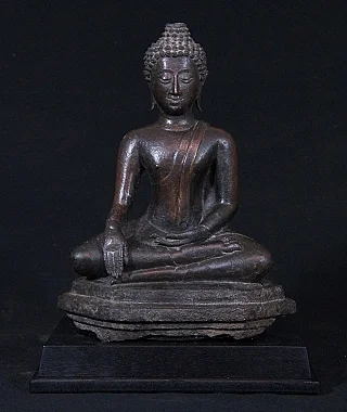 Thai bronze Buddha statue seated in bhumisparsha mudra, full front view on base