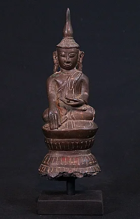 Burmese Buddha statue in bronze, Shan style, seated in bhumisparsha mudra, full front view