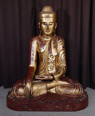 Buddha statue from Burma (Myanmar), Mandalay period, wooden, seated in bhumisparsha mudra, front view
