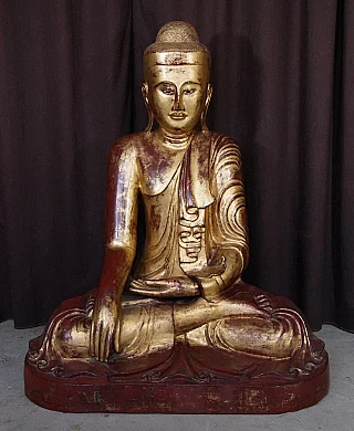 Buddha statue from Burma (Myanmar), Mandalay period, wooden, seated in bhumisparsha mudra, front view
