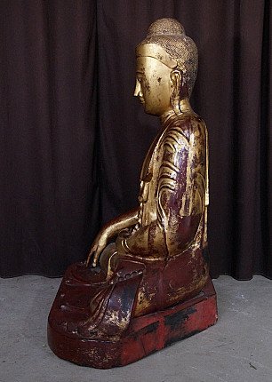 Seated Buddha statue, Mandalay period Burma (Myanmar), wooden, left side profile