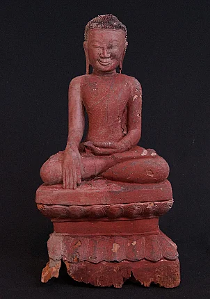 Antike hölzerne Buddha-Statue aus Burma (Myanmar), sitzend in Bhūmisparśa-Mudra, Frontansicht