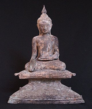 Shan Buddha statue in bronze from Burma (Myanmar), seated in bhumisparsha mudra, full front view