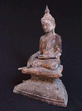 Bronze Shan Buddha statue from Burma (Myanmar), seated bhumisparsha mudra, three-quarter left view