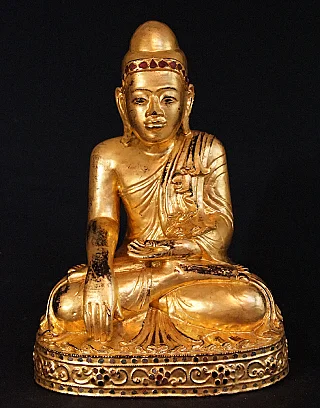 Hölzerne Buddha-Statue aus Myanmar im Mandalay-Stil, sitzend, Vorderansicht