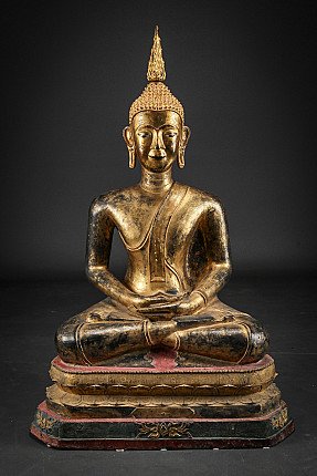 Buddha statue from Burma (Myanmar) in dhyana mudra, seated on a tiered base, full front view