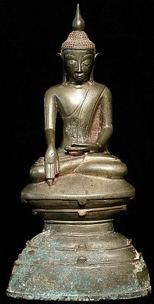 Shan bronze Buddha statue from Burma (Myanmar), seated in bhumisparsha mudra, front view