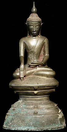 Shan bronze Buddha statue from Burma (Myanmar), seated in bhumisparsha mudra, front view