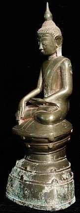 Bronze Shan Buddha statue from Burma (Myanmar), seated, left side profile