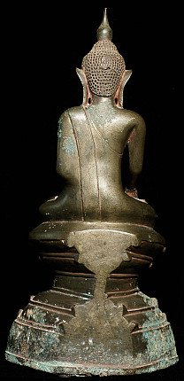 Antique bronze Shan Buddha statue from Burma (Myanmar), rear view with back and base