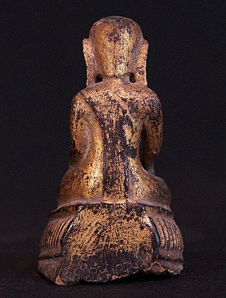 Burmesische Mönchsstatue aus Holz, Rückansicht mit Abrieb und Rückenpartie